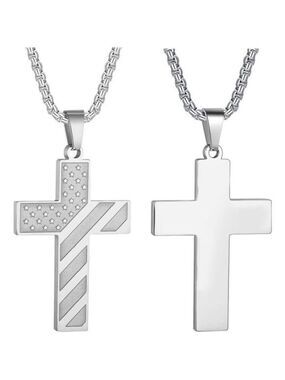 SILVER American Flag Cross Necklace Men Stainless Steel Box Chain 22+2 inch NWT